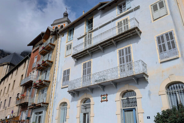 French blue facade of houses in the Old Town, Briancon