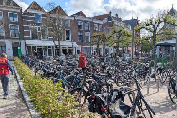 Many bikes parked outside shops in Middelburg