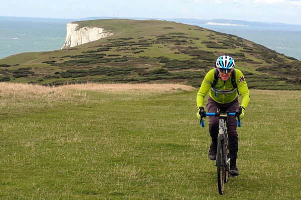 Gordon climbing Tennyson Down on the Isle of Wight