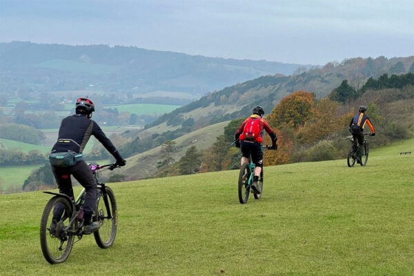 Three moles riding line staern on Colley Hill