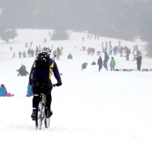 Keith riding Box Hill in the snow