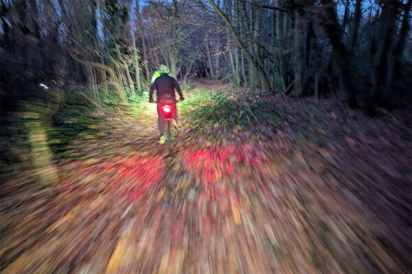 MTB riders with lights blazing follow an off-road trail at night, with bronzed autumn leaves a blur