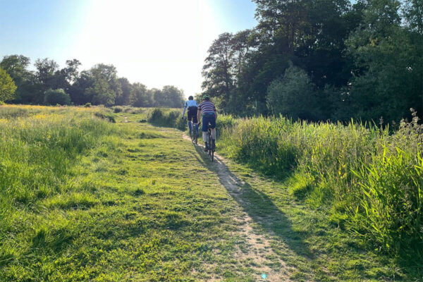 Lloyd and Matt on the Wey Navigation near Pyford in the evening